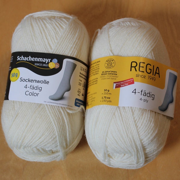 A6: Regia uni solid sock yarn 02080 2080 white OR natural 01992 1992 50g / 100g, 75% wl 25 ny, 230 / 460 yds super-wash fingering