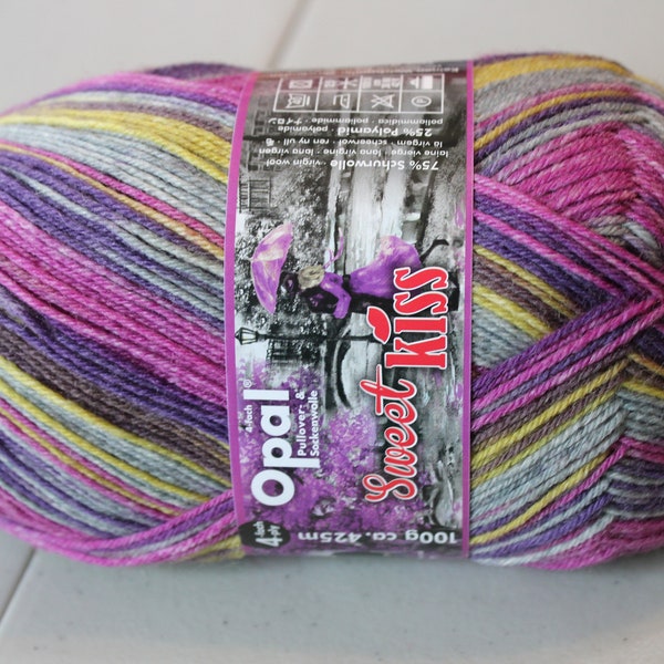 D1c,T10.5: Valentine Opal sock yarn 11263 Sweet Kiss purple gold silver - 75% wool25 nylon superwash fingering 100 grams 462 yards