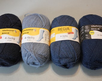 A16: 4 skeins Regia solid Sock Yarn Uni blues heathered dyed 75% wl 25 nyl 100 grams 460 yards superwash fingering