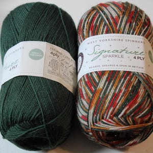 May include: Two skeins of yarn. One is a solid dark green, labeled "Perfect for Socks." The other is multi-colored with red, white, gold, and green strands, labeled "Signature Sparkle 4 Ply." Both are from West Yorkshire Spinners.