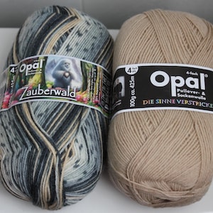 May include: Two skeins of Opal brand yarn. One is a mix of gray, black, and beige, labeled "Zauberwald." The other is a solid beige color. Each skein is 100g and approximately 425m. The yarn is designed for sweaters and socks.