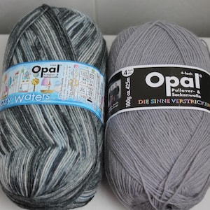 May include: Two skeins of Opal brand yarn. One is a blend of gray, black, and white, labeled "Crazy Waters." The other is solid gray. Both have labels with the brand name and yarn details. Each skein is approximately 100g.