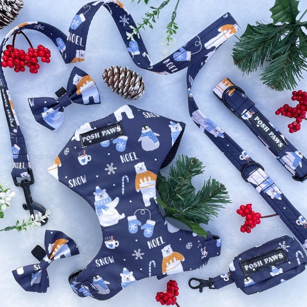 Winter polar bear navy penguin snow Christmas adjustable dog collar harness, dickie bow, lead, poop bag holder festive