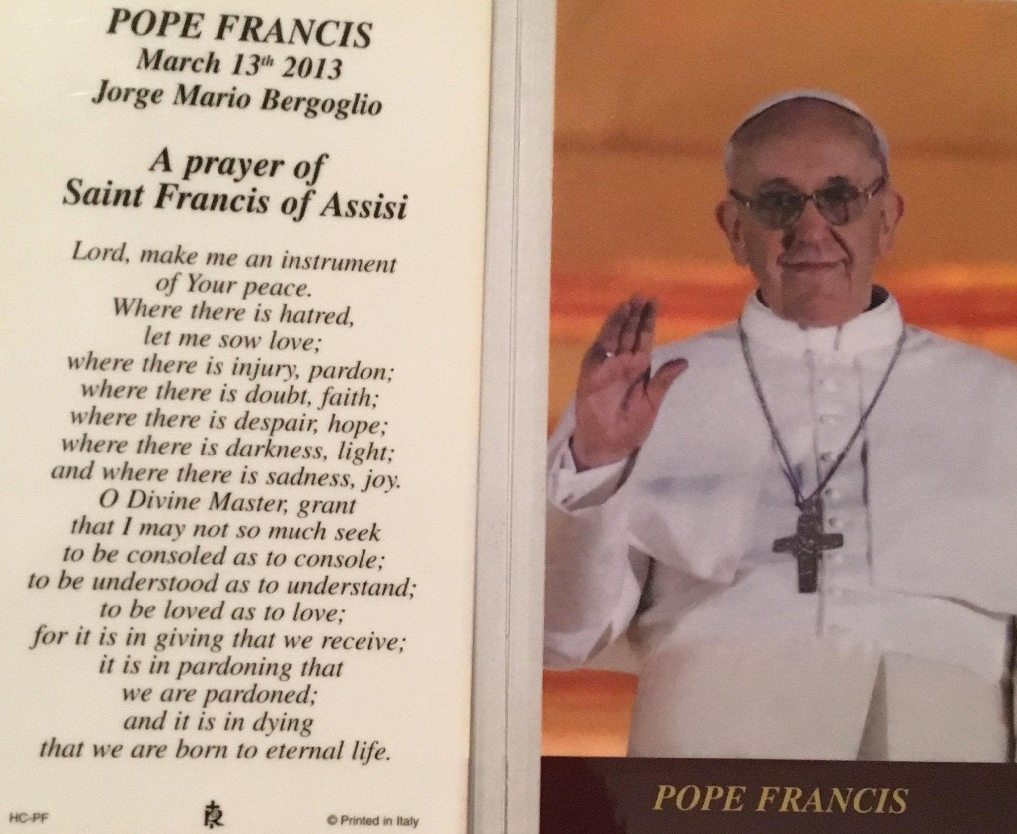 Prayer Card Pope Francis A Prayer of Saint Francis of Assisi Laminated