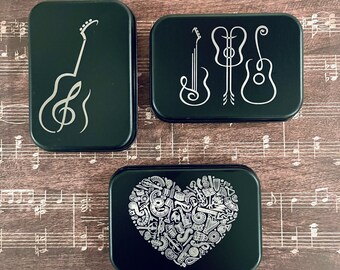 Music and Guitar Lovers Engraved Metal Boxes with Lid for storing Gift Cards, Money, School Supplies, Cosmetics and More