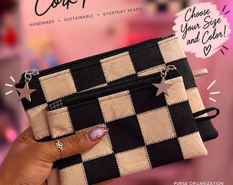 Handmade Patchwork Cork Zipper Pouches | Portuguese Cork Leather Cosmetic Bag, Two Sizes, Two Colorways
