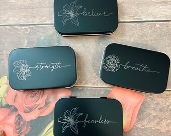 Encouraging Flower Tins: Engraved Metal Boxes with Lids for Gifting, Gift Cards, Purse Organization, Survival Kit, Cosmetics and More