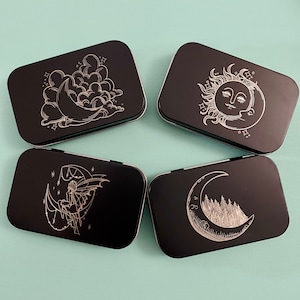 Moon and Sky Tins: Engraved Metal Boxes with Lids for Gifting, Gift Cards, Playing Cards, Purse Org, Survival Kit, Cosmetics and More