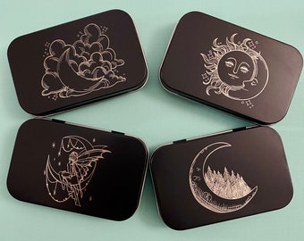 Moon and Sky Tins: Engraved Metal Boxes with Lids for Gifting, Gift Cards, Playing Cards, Purse Org, Survival Kit, Cosmetics and More