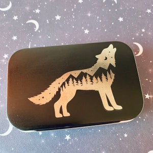 Howling Wolves Engraved Metal Boxes with Lid for storing Jewelry, Gift Cards, Money, Office Supplies, Cosmetics and More INNER FOREST WOLF