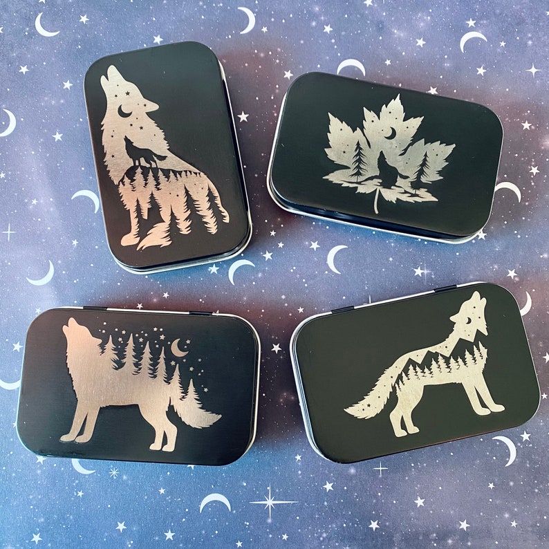 Howling Wolves Engraved Metal Boxes with Lid for storing Jewelry, Gift Cards, Money, Office Supplies, Cosmetics and More image 1