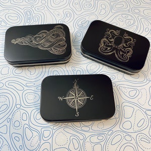 Nautical Octopus and Compass Tins: Engraved Metal Boxes with Lids for Gift Cards, Playing Cards, Purse Org, Office and More