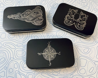 Nautical Octopus and Compass Tins: Engraved Metal Boxes with Lids for Gift Cards, Playing Cards, Purse Org, Office and More