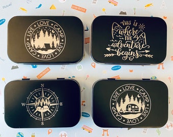 Camping and the Great Outdoors Engraved Metal Boxes with Lid for storing Gift Cards, Money, Office Supplies, Cosmetics and More