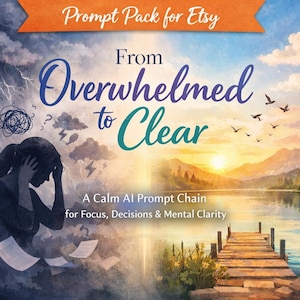 Peut inclure: Image d'un produit Etsy avec le texte "Prompt Pack for Etsy" et "From Overwhelmed to Clear". L'illustration montre une femme entourée de nuages d'orage, passant à un paysage serein avec un ponton et des montagnes. Le produit est une chaîne d'invites d'IA calme.