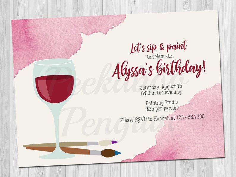 Paint and Sip Birthday Party Invitation Adult Wine Birthday Etsy