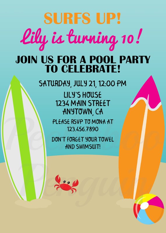 beach birthday invitation surfboard invites pool party invitation printable invitation teen tween birthday invite kids birthday invite kids beach party invitation