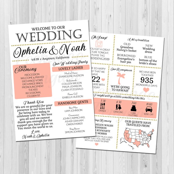 Infographic Wedding Program Pink And Gold Wedding Program Etsy