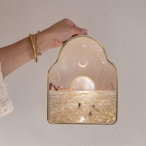 Venusian Luna Portal Gold Foiled Brass Arch Framed Print, Moonchild Mystical wall decor, Luminous Goddess Artwork