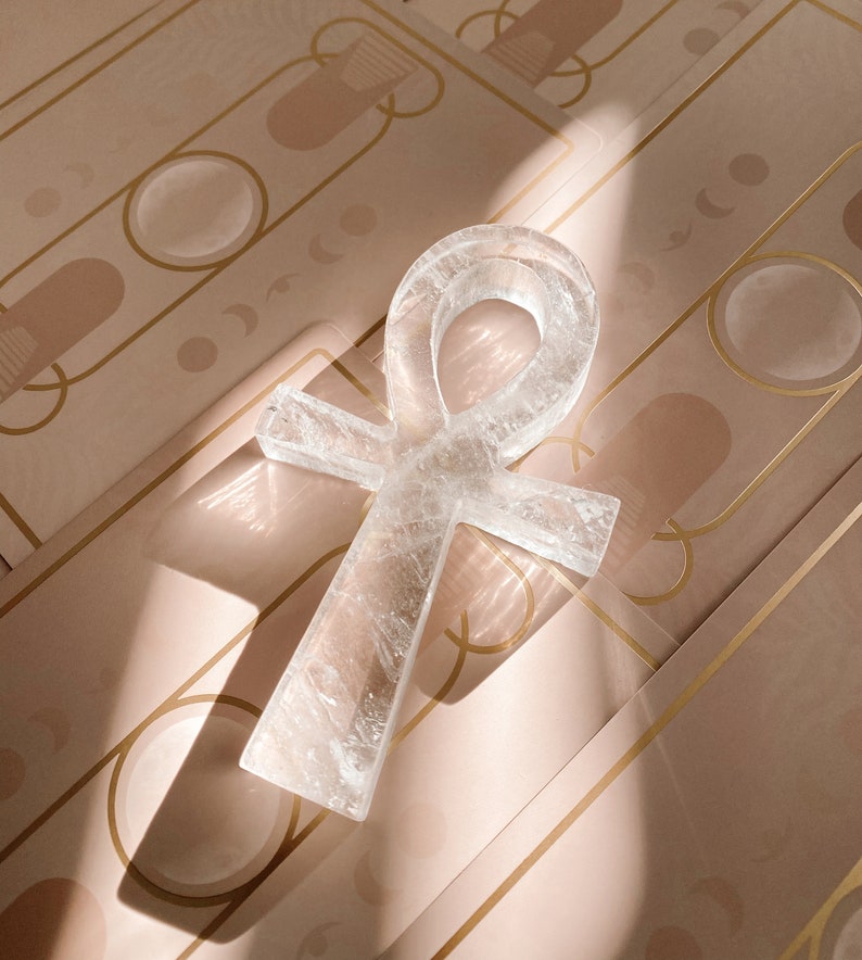 Ankh egyptisk kristallamulett med livets nyckel | Rosa klar rökkvarts Clear Quartz