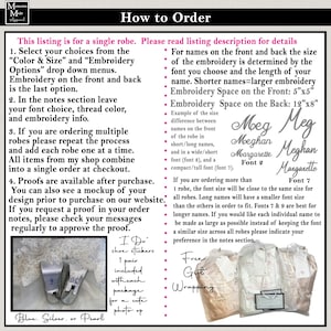 May include: Instructions for ordering a robe are displayed, detailing colour, size, and embroidery options. Examples of embroidery fonts and sizes are shown. The image also includes "I Do" shoe stickers and gift wrapping information.