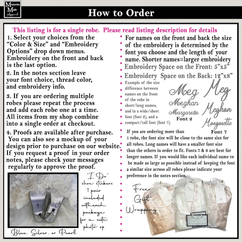 May include: Instructions for ordering a robe are displayed, detailing colour, size, and embroidery options. Examples of embroidery fonts and sizes are shown. The image also includes "I Do" shoe stickers and gift wrapping information.