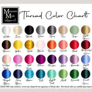 May include: A thread colour chart displaying a range of colours, such as white, black, silver, gold, and various shades of pink, blue, green, and brown. The text "Memories Made Apparel" is in the upper left corner.