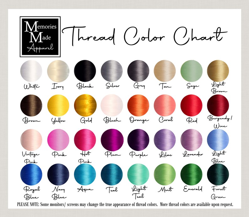 May include: A thread colour chart displaying a range of colours, such as white, black, silver, gold, and various shades of pink, blue, green, and brown. The text "Memories Made Apparel" is in the upper left corner.