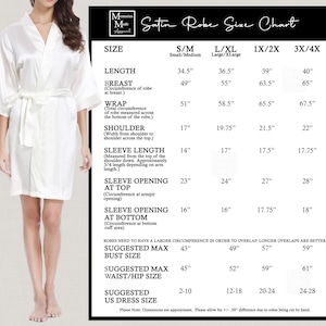 May include: White satin robe with a matching tie, shown with a size chart. The chart provides measurements in inches for length, bust, wrap, shoulder, sleeve length, and sleeve opening. Sizes range from S/M to 3X/4X.