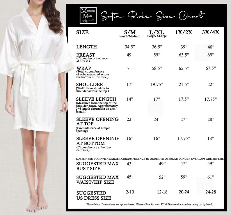 May include: White satin robe with a matching tie, shown with a size chart. The chart provides measurements in inches for length, bust, wrap, shoulder, sleeve length, and sleeve opening. Sizes range from S/M to 3X/4X.