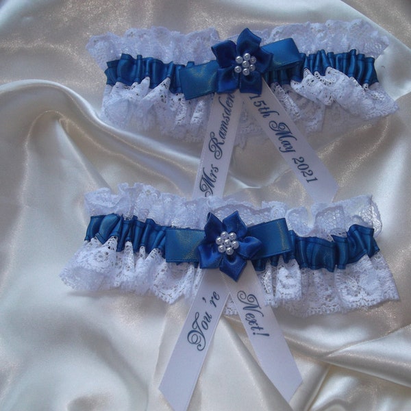 Personalised Royal Blue Satin And  White Lace Wedding Garter With Matching Throw Garter Set Handmade In UK Printed Names Bride Gift