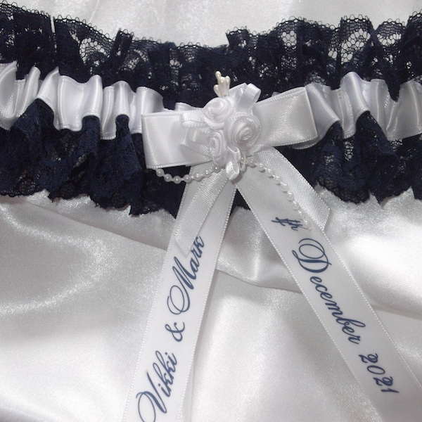 Personalised Navy Blue Lace And White Satin Wedding Garter Handmade to order with names and wedding date Nautical Wedding Made In The UK