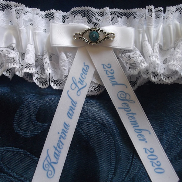 Personalised Evil Eye Something Blue Wedding Garter Greek Themed Handmade with names & wedding date White Satin And Lace