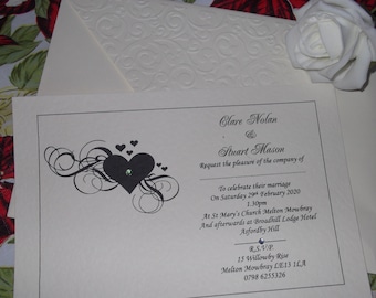 Personalised Handmade A5 size Wedding Invitations X 10 With Embossed Envelopes