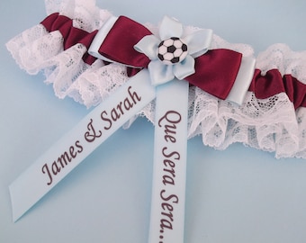 Personalised Football Team Themed Wedding Garter In Claret /Burgundy, Blue And White