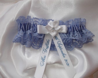 Personalised Lavender Lace And Satin Wedding Garter Handmade in UK with name and wedding date - Excellent Gift for the Bride Something Blue