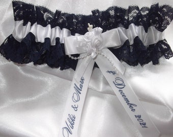 Personalised Navy Blue Lace And White Satin Wedding Garter Handmade to order with names and wedding date Nautical Wedding Made In The UK