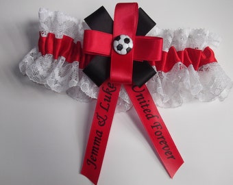 Personalised Football Team Themed Wedding Garter In Red White And Black United Forever Design