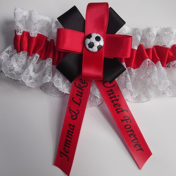 Personalised Football Team Themed Wedding Garter In Red White And Black United Forever Design