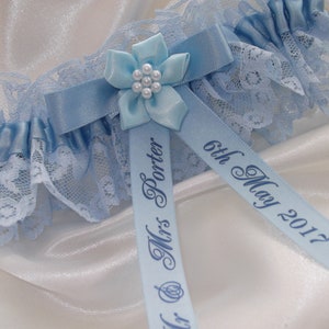 Personalised Blue Wedding Garter Handmade to order with name and wedding date Excellent Gift for the Bride Something Blue image 3