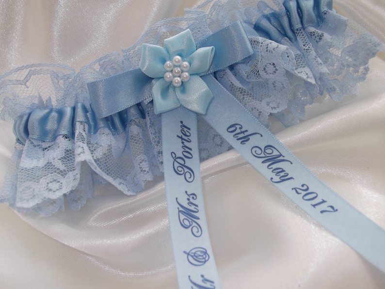 Personalised Blue Wedding Garter Handmade to order with name and wedding date Excellent Gift for the Bride Something Blue image 3