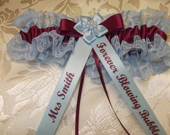 Personalised Claret And Blue Wedding Garter Burgundy And Blue Brides Garter