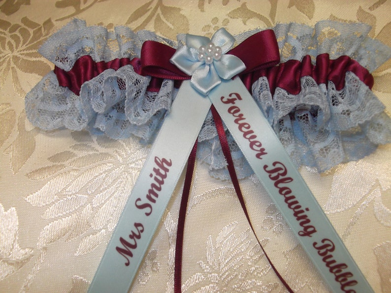 Personalised Claret And Blue Wedding Garter Burgundy And Blue Brides Garter zdjęcie 1