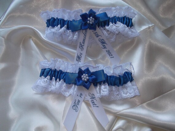 White Satin White lace with Blue Satin Bow Garter 