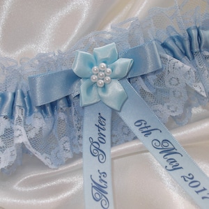 Personalised Blue Wedding Garter Handmade to order with name and wedding date Excellent Gift for the Bride Something Blue image 1