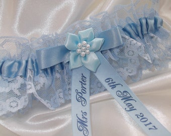 Personalised Blue Wedding Garter Handmade to order with name and wedding date - Excellent Gift for the Bride Something Blue