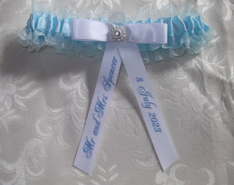 Personalised Blue Organza and Satin Wedding Garter Handmade to order with names and wedding date - Excellent Gift the Bride Something Blue