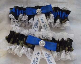 Personalised Camo Camouflage Design Handmade Wedding Garter With Throw Garter Set Blue Satin And Ivory Lace Brides Gift Made In The UK