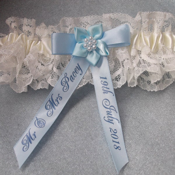 Personalised Ivory and Blue Bride's Wedding Garter