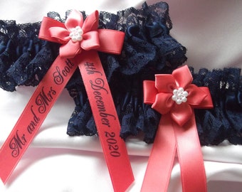 Personalised Navy Blue Lace And Coral Satin Wedding Garter With  Matching Throw Garter Set Handmade In UK Bridal Gift Set
